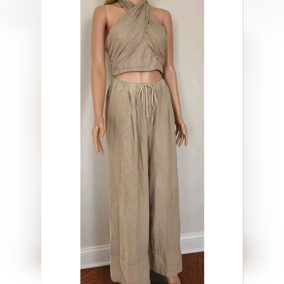 ZARA HALTER TOP SMOCKED BACK THICK STRAPS LINEN DARK BEIGE CROOPED TOP LARGE - Picture 7 of 16